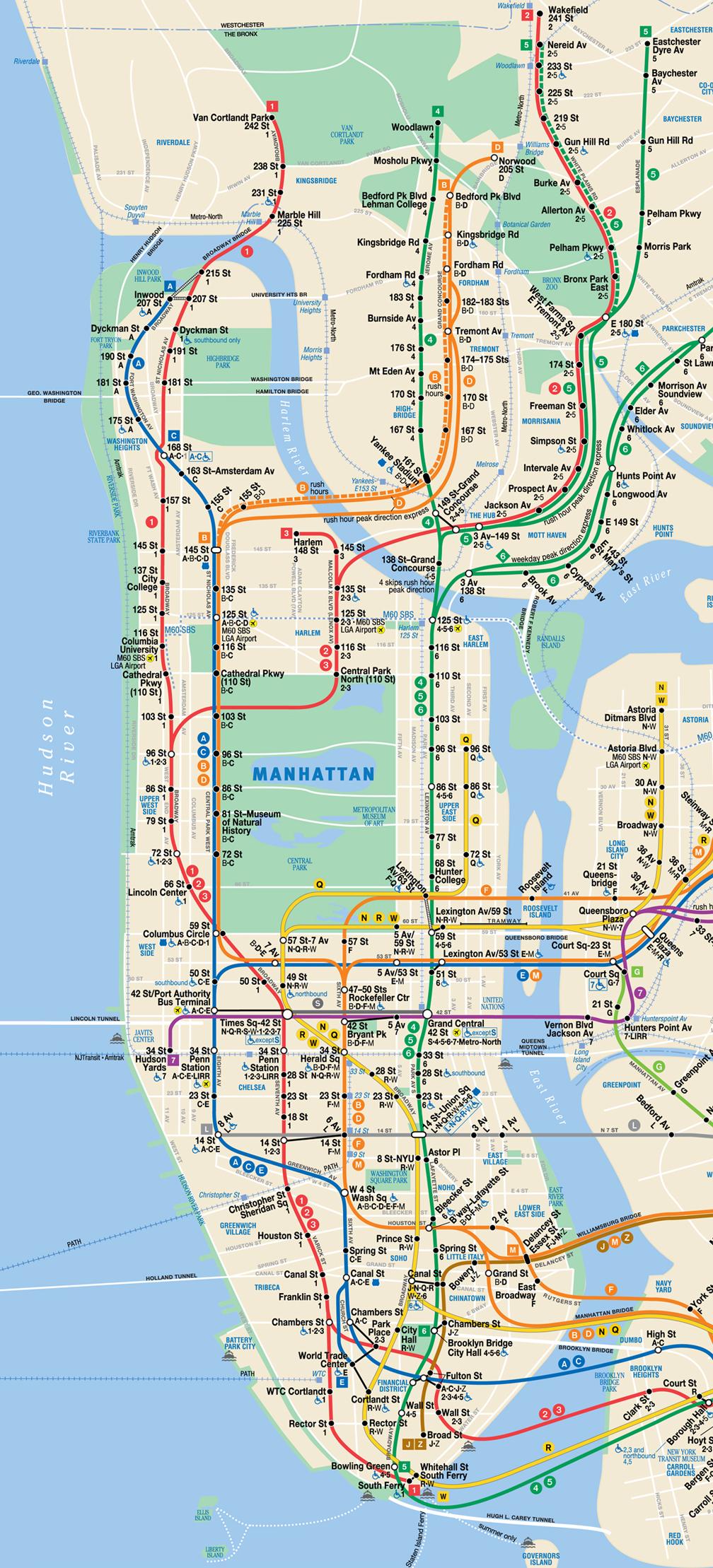 Map of Manhattan metro: metro lines and metro stations of Manhattan