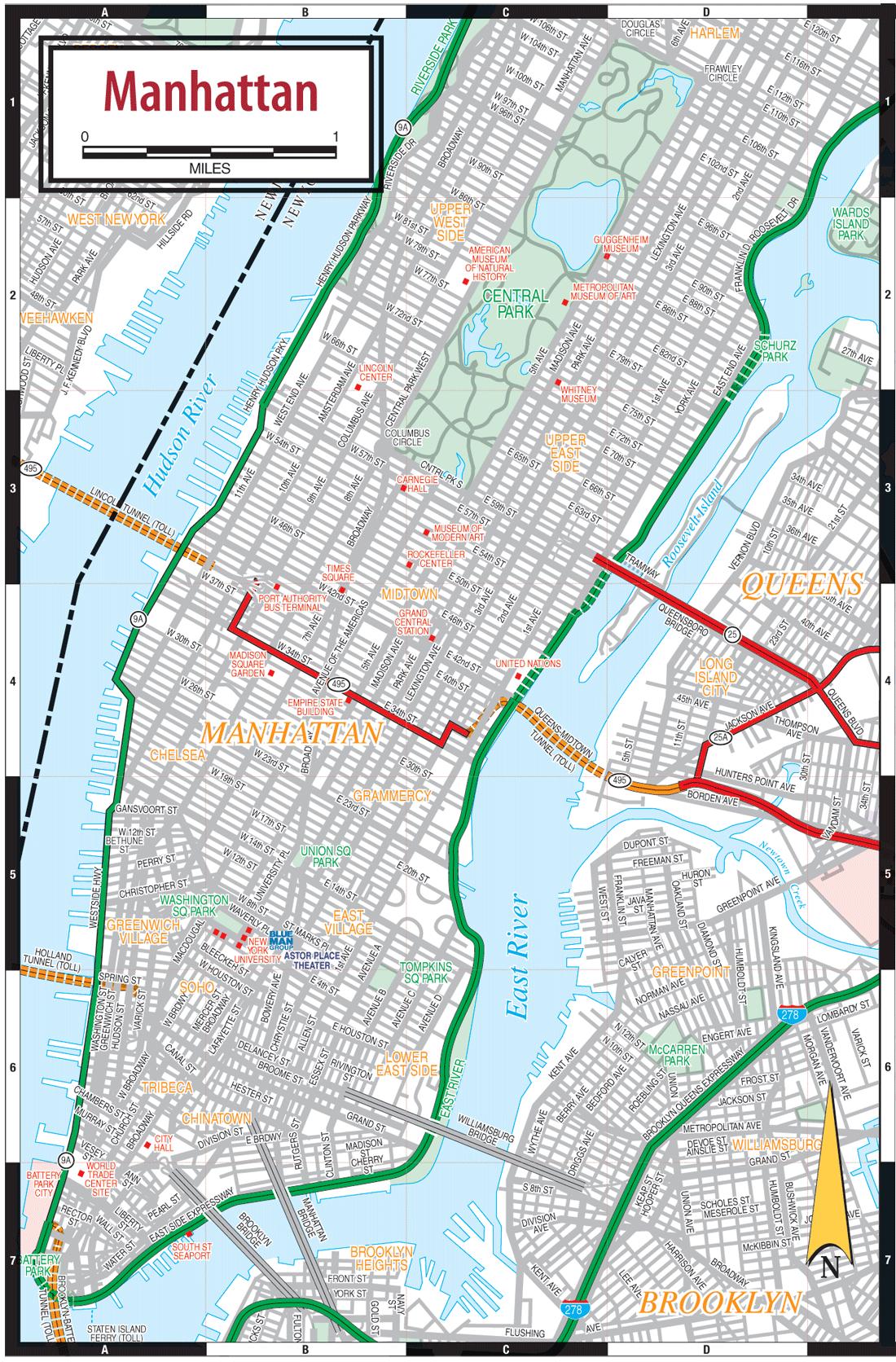 Map of Manhattan street: streets roads and highways of Manhattan